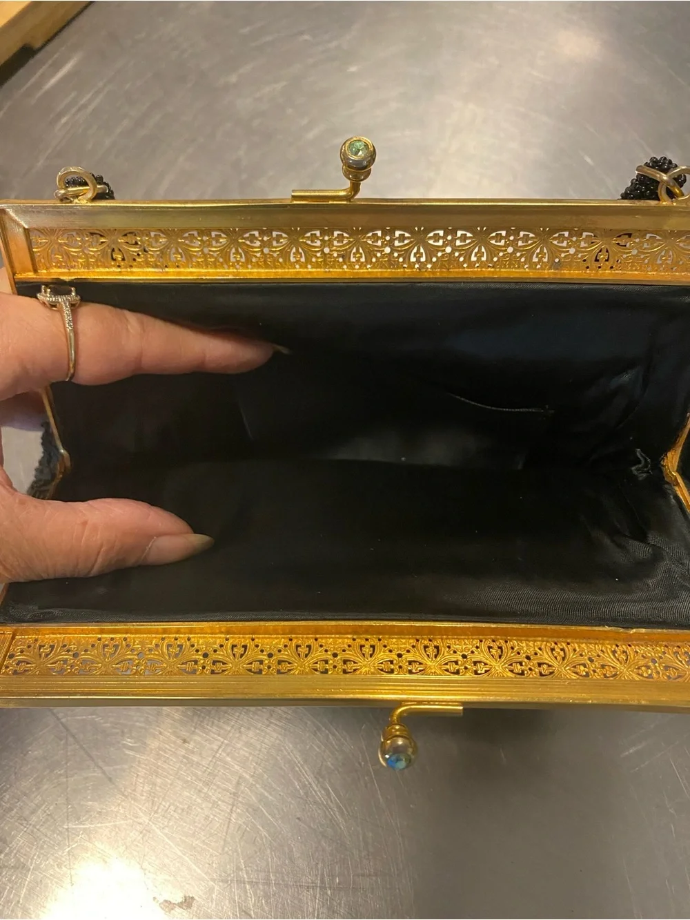Vintage-Inspired Black Beaded Evening Bag with Gold Frame